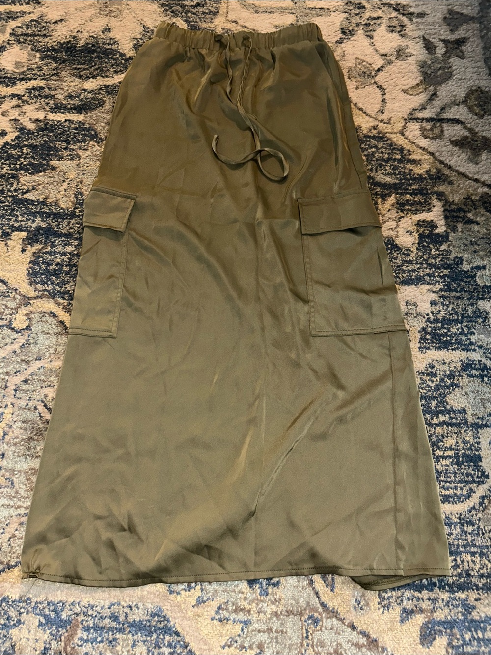 Olive Green Satin Cargo Maxi Skirt w/ Pockets
